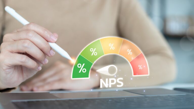 Net promoter score (NPS) dashboard concept for customer satisfaction and business analytics. Hand using a stylus with a hologram gauge for survey evaluation and KPI data.