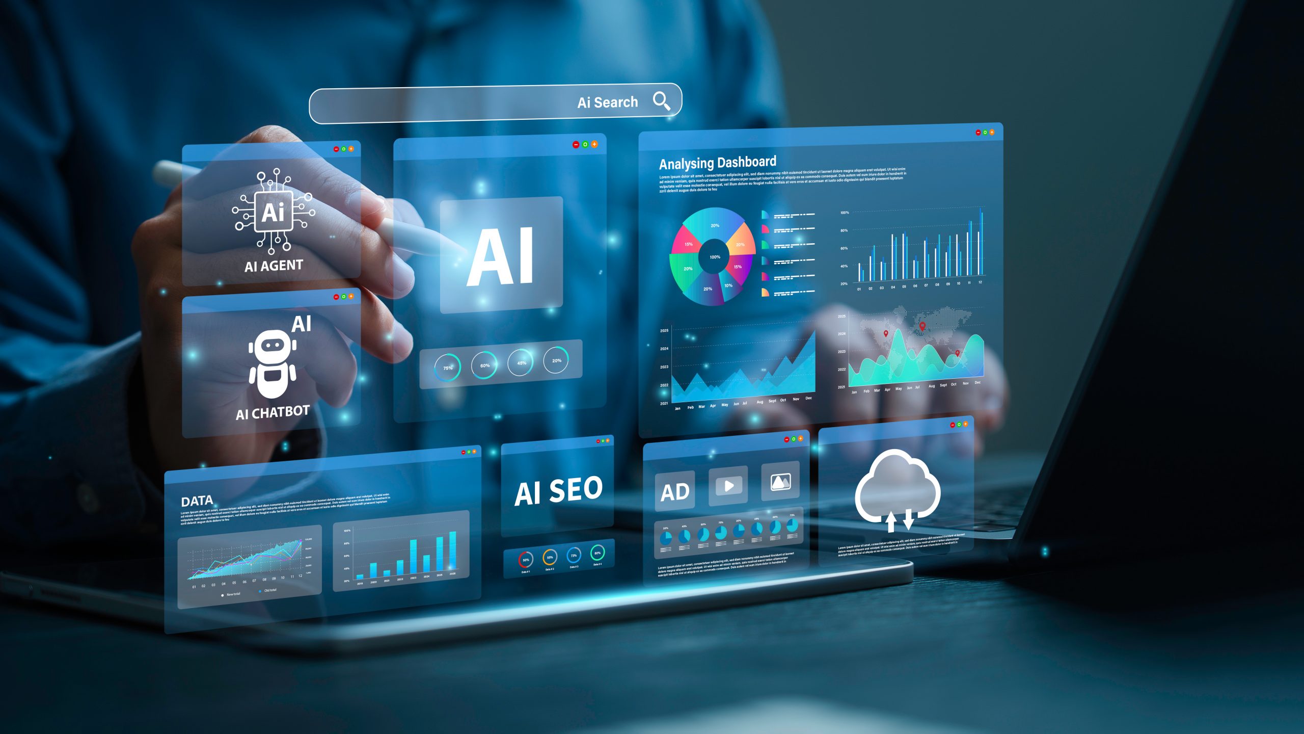Businessman analyzes data using AI technology to work with tools, AI seo, search, Chat bot, smart robot technology and artificial intelligence concept. AI agent and workflow automation