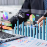 Data analysis is conducted using digital charts and financial dashboards, visualizing stock market performance metrics to express insights for marketing projects, strategy smart business.