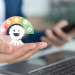 Hand holding customer satisfaction icon with feedback rating scale, service review, happy face, online survey, customer experience (CX), quality assurance, and business service improvement.