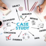 Case study Concept. Chart with keywords and icons.  The meeting at the white office table