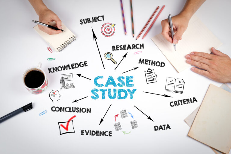 Case study Concept. Chart with keywords and icons. The meeting at the white office table