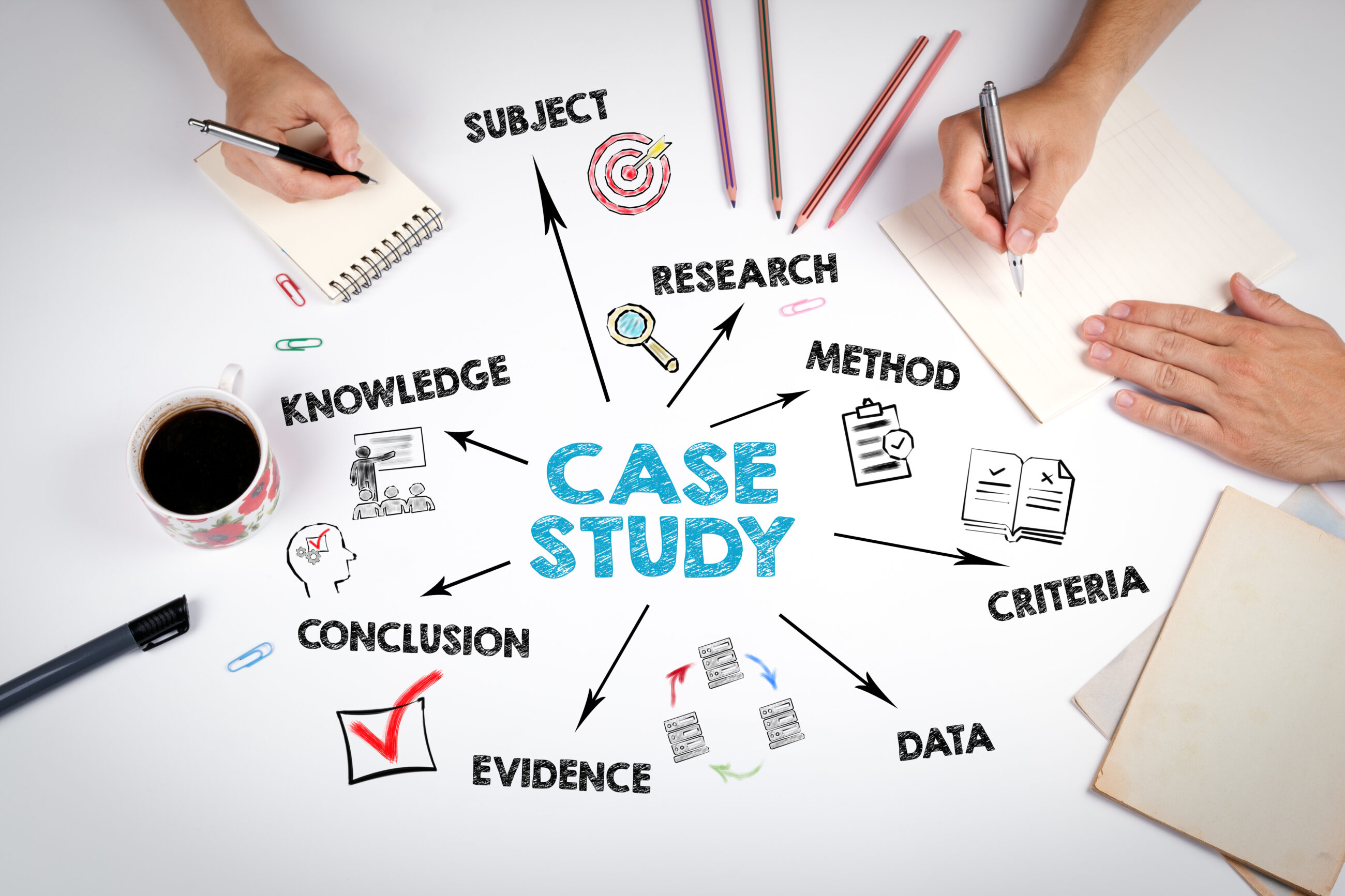 Case study Concept. Chart with keywords and icons. The meeting at the white office table